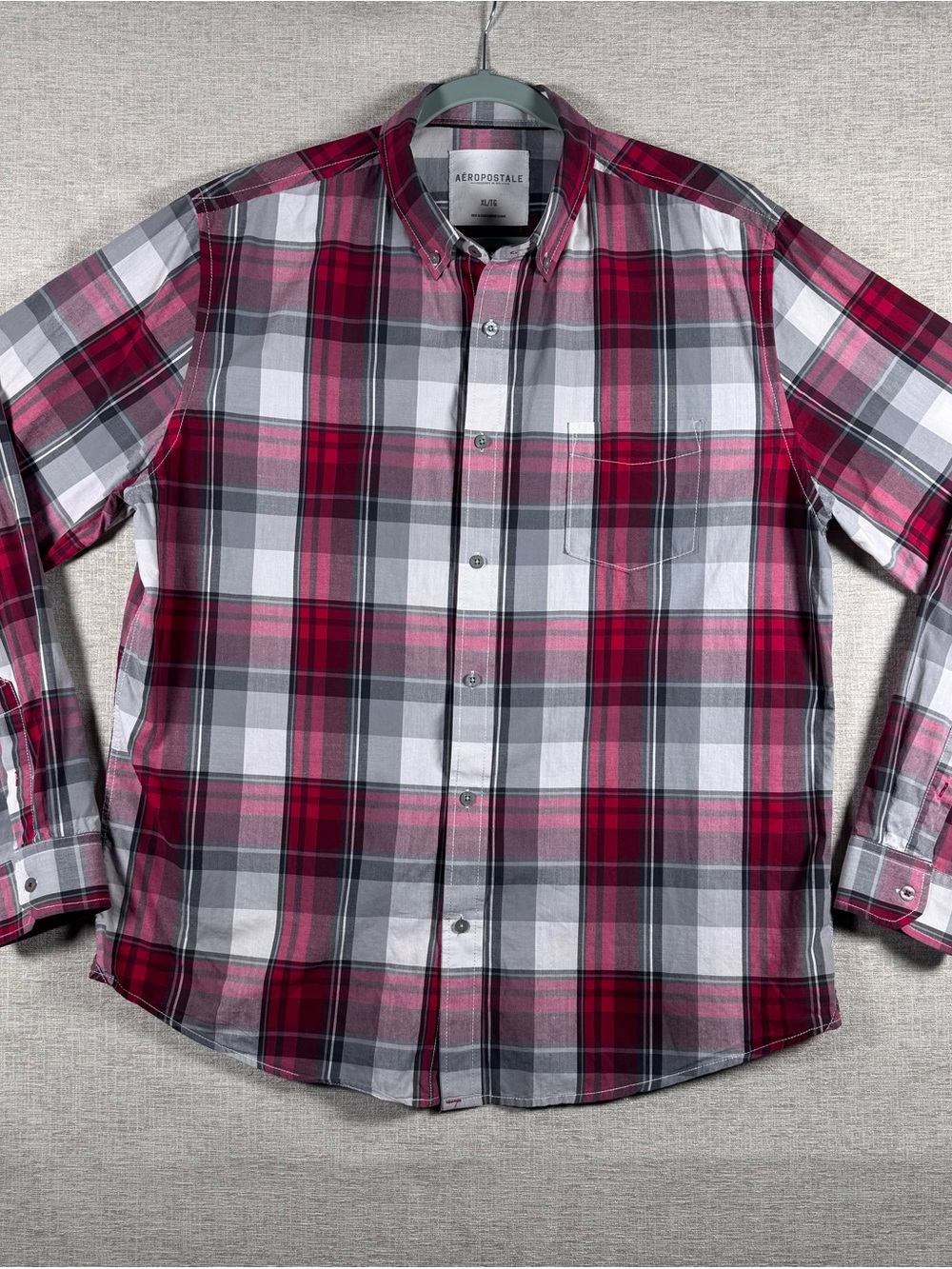 Aeropostale Men's Red, Gray & White Plaid Button-Down Shirt